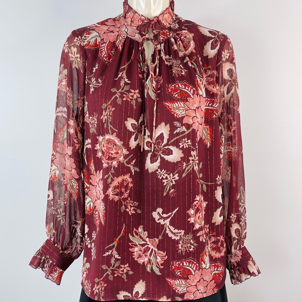 VIOLET + CLAIRE floral metallic striped blouse keyhole long sleeves brick L